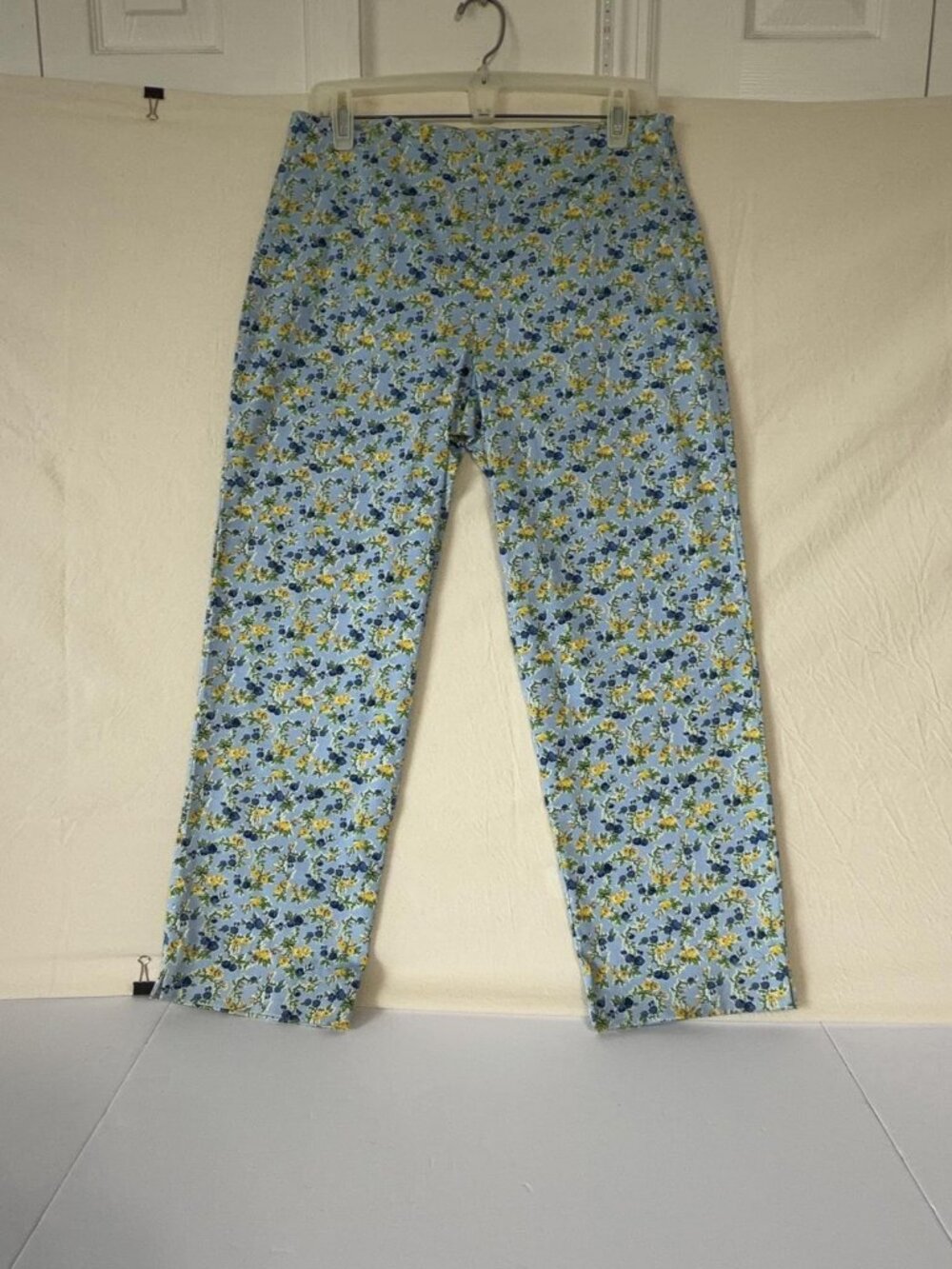 Maxim Liberati Pants Womens 8 Blue Floral Print Stretch Twill Straight Leg Zip